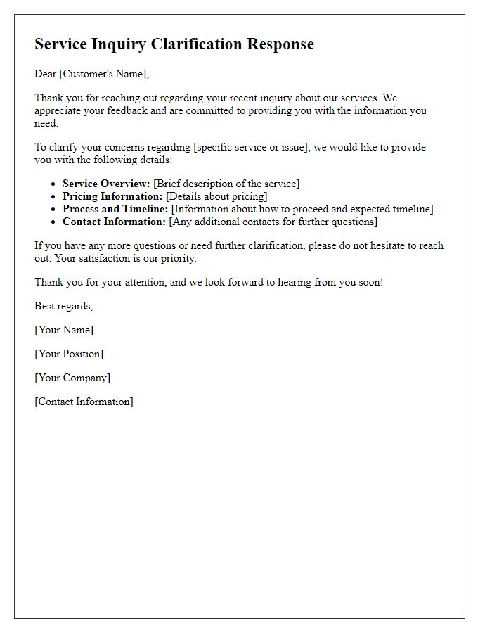 Letter template of service inquiry clarification response for feedback follow-ups.