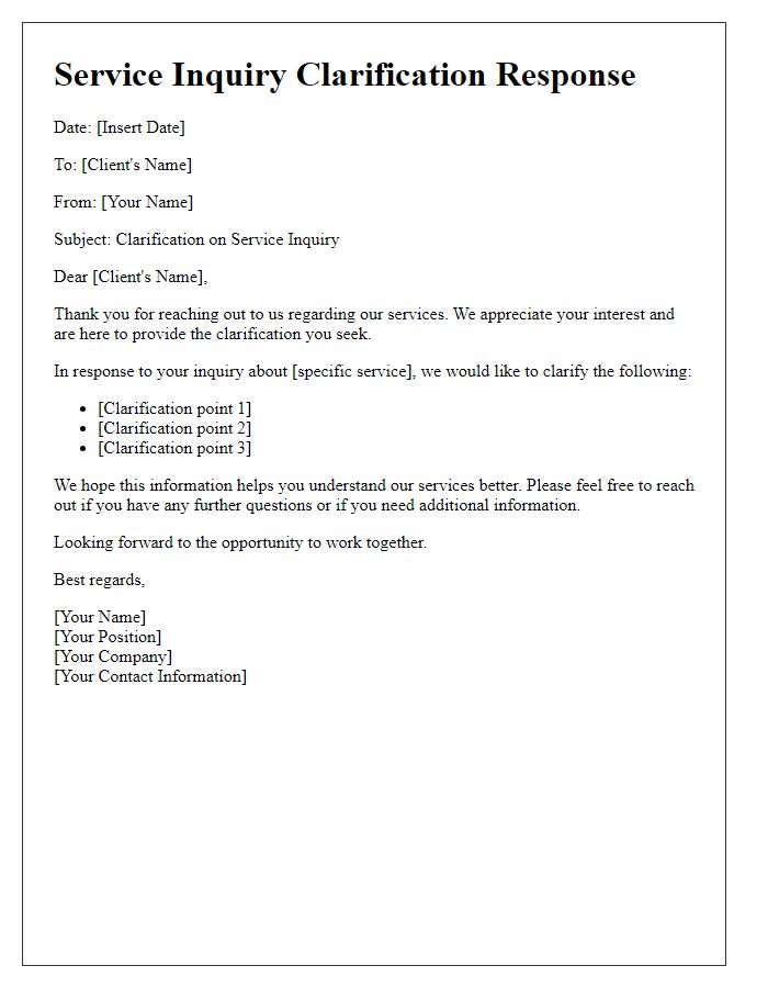 Letter template of service inquiry clarification response for potential clients.