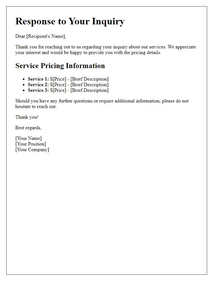 Letter template of service inquiry clarification response for pricing details.