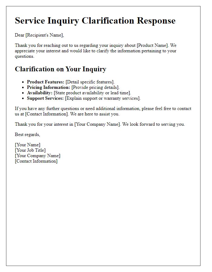 Letter template of service inquiry clarification response for product-specific inquiries.