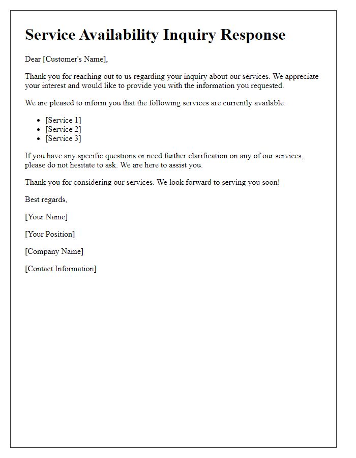 Letter template of service inquiry clarification response for service availability.