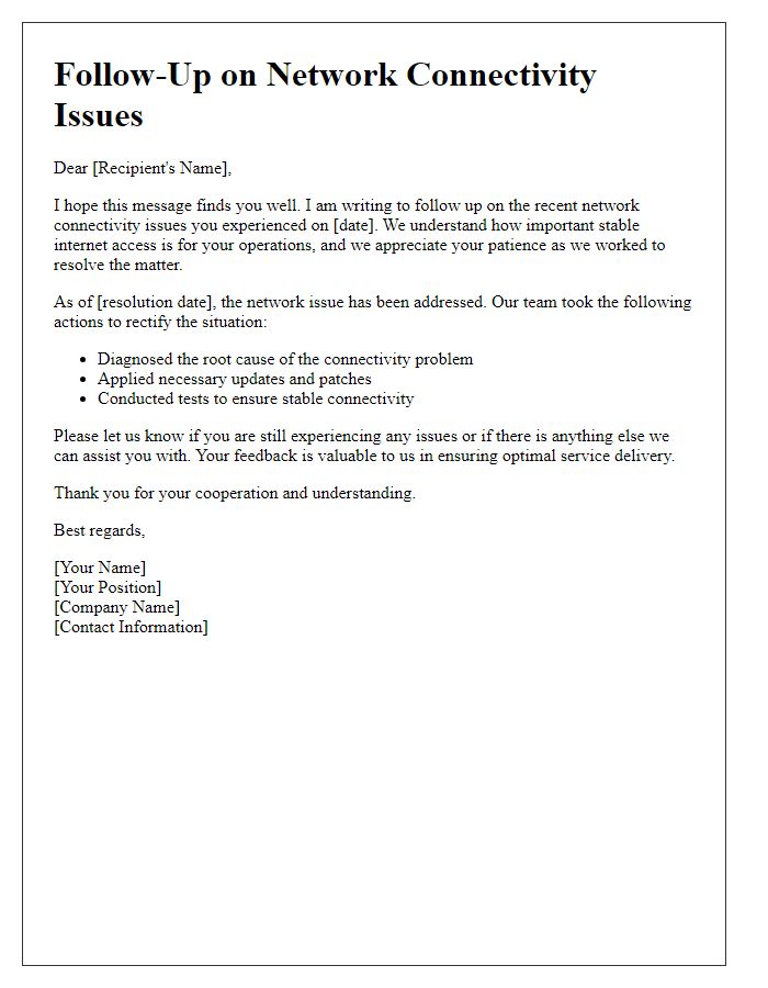 Letter template of troubleshooting follow-up for network connectivity issues.