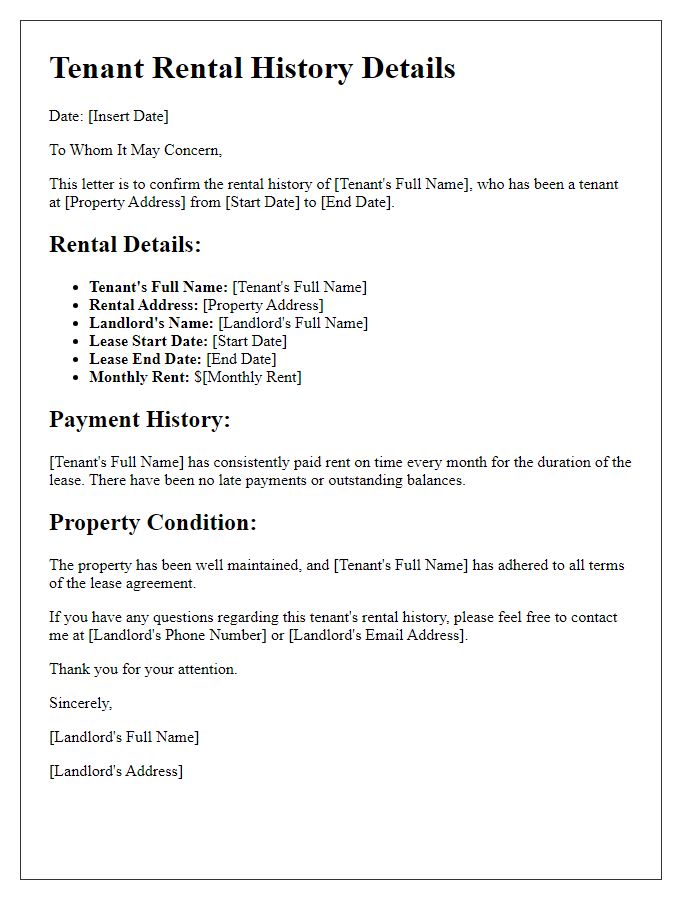 Letter template of tenant rental history details for rental agencies