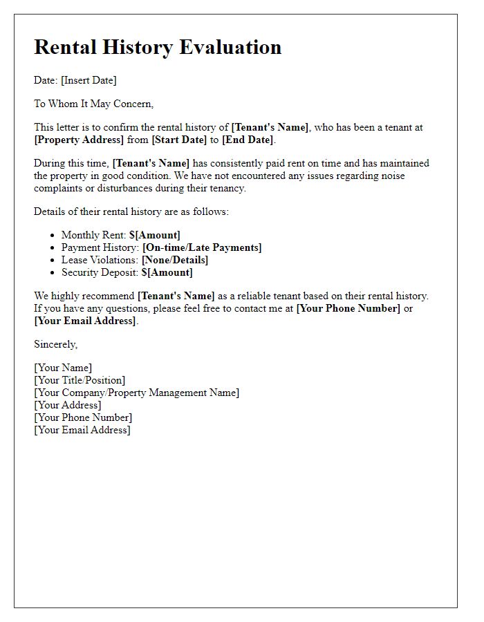 Letter template of tenant rental history evaluation for credit checks