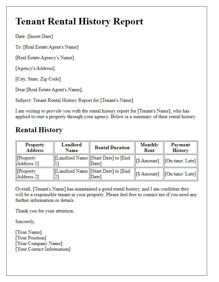 Letter template of tenant rental history report for real estate agents