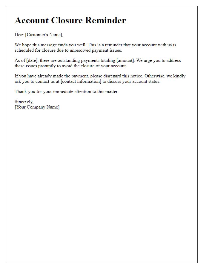 Letter template of account closure reminder for unresolved payment issues