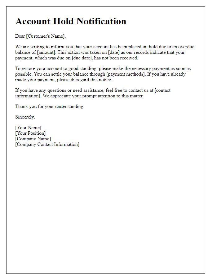 Letter template of account hold notification for overdue balance