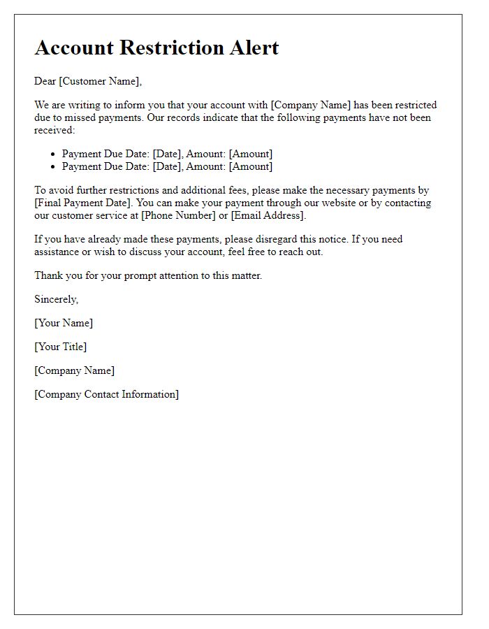 Letter template of account restriction alert for missed payments