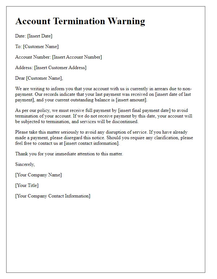 Letter template of account termination warning for lack of payment