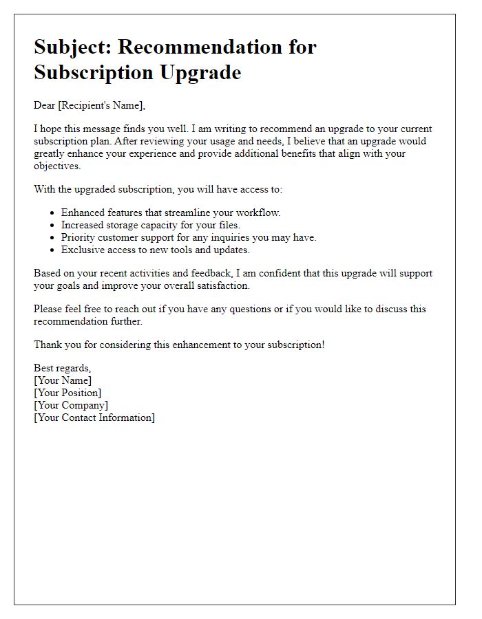 Letter template of subscription upgrade recommendation