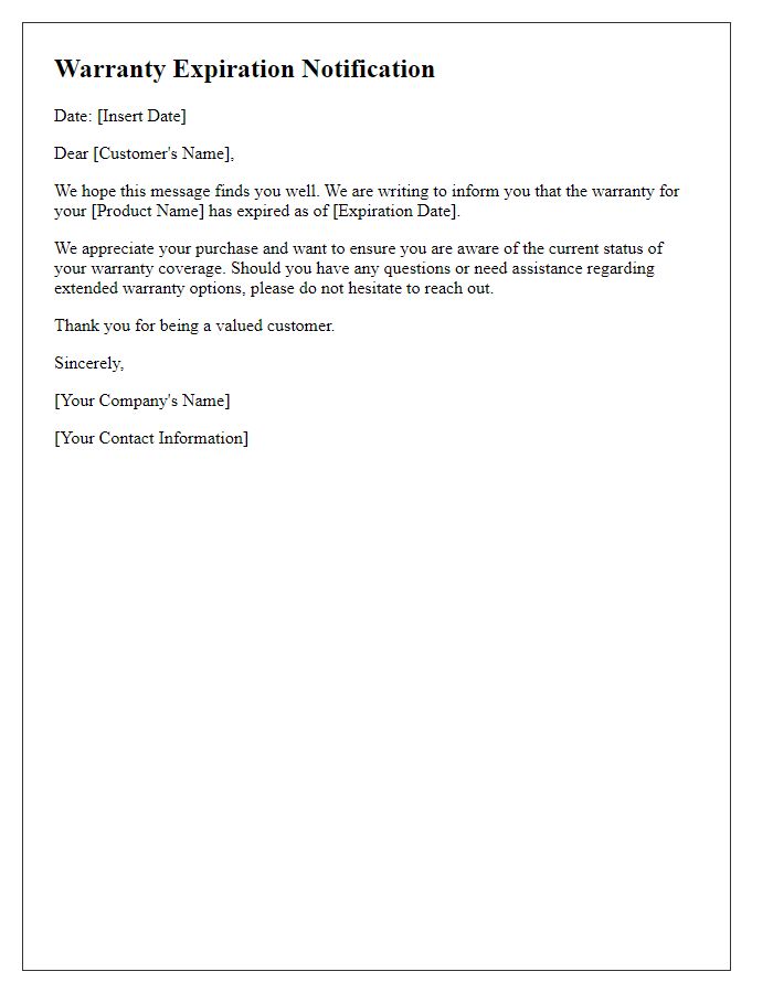 Letter template of expired warranty information