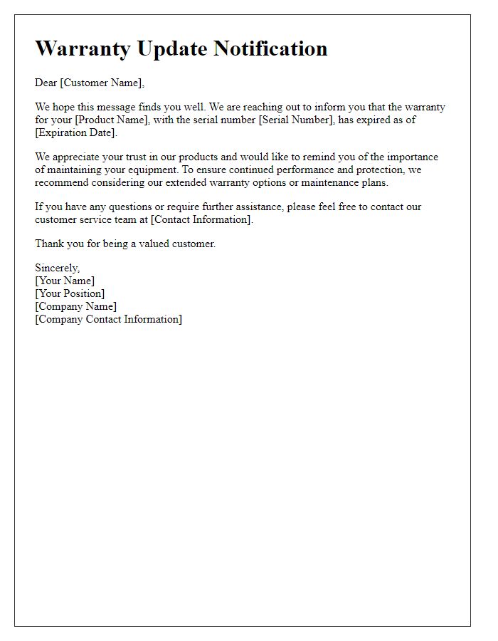 Letter template of expired warranty update