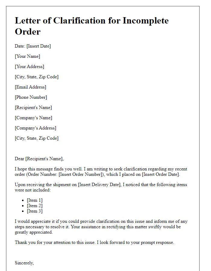 Letter template of clarification for incomplete order issues.