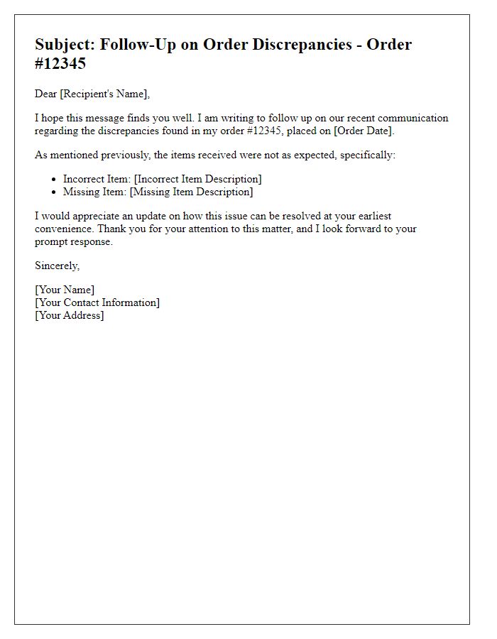 Letter template of follow-up regarding order discrepancies.
