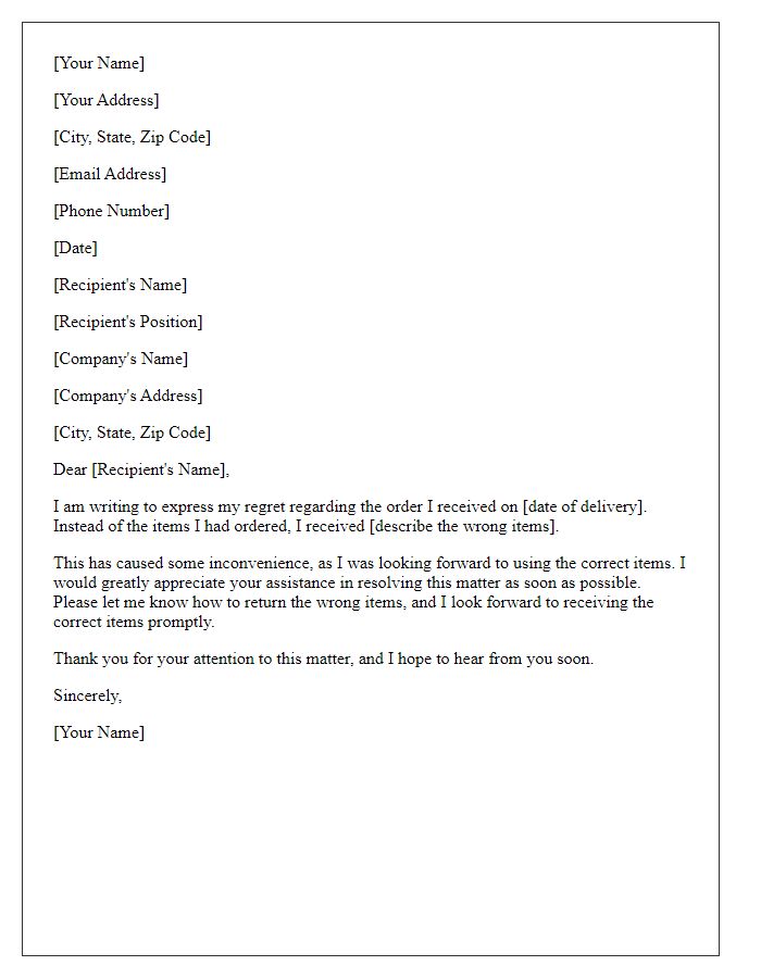 Letter template of regret for receiving the wrong items.