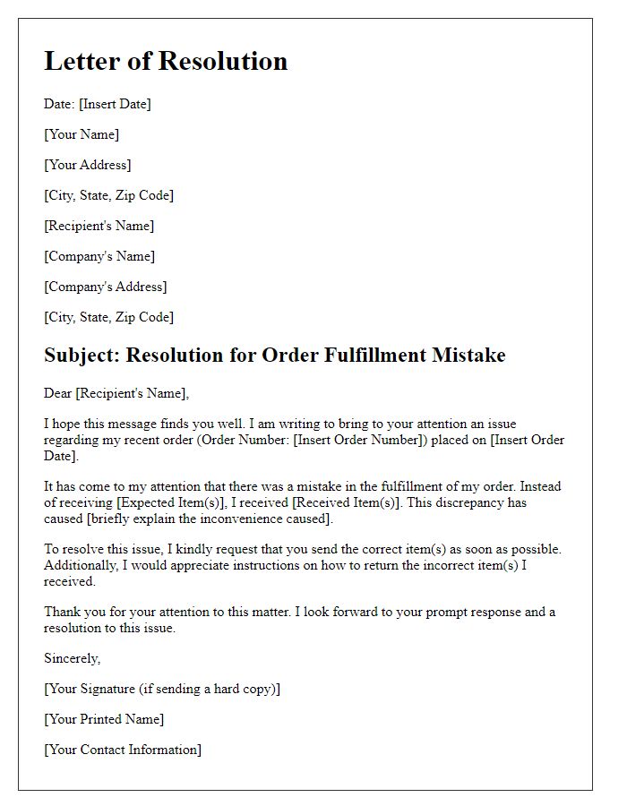 Letter template of resolution for order fulfillment mistake.