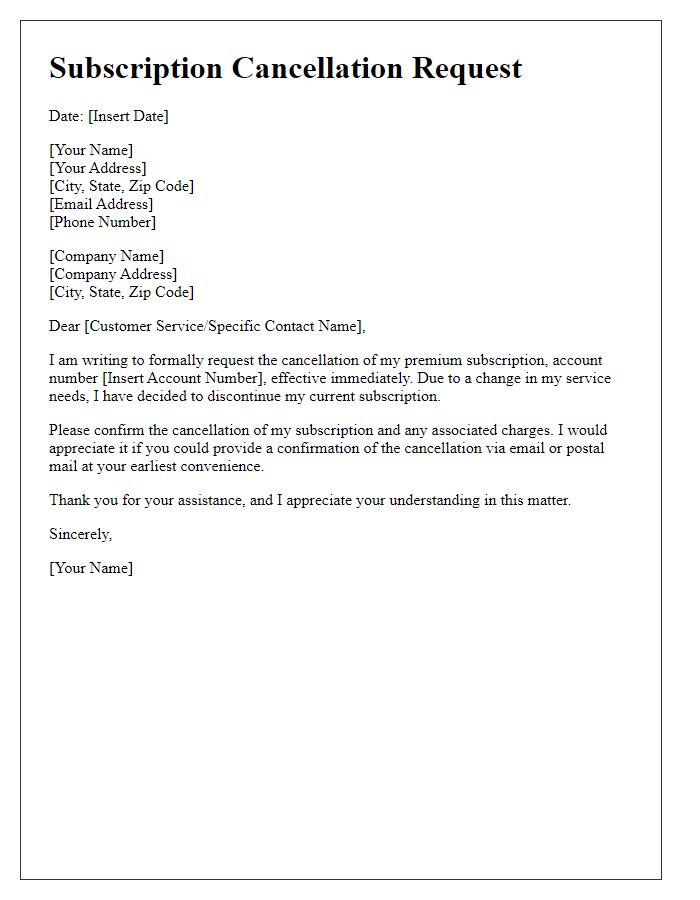 Letter template of premium subscription cancellation request for change of service needs