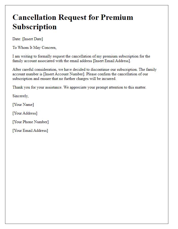 Letter template of premium subscription cancellation request for family account holders