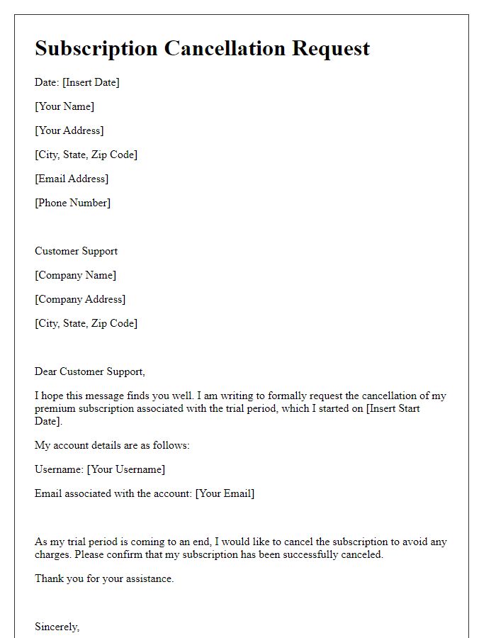 Letter template of premium subscription cancellation request for trial period users