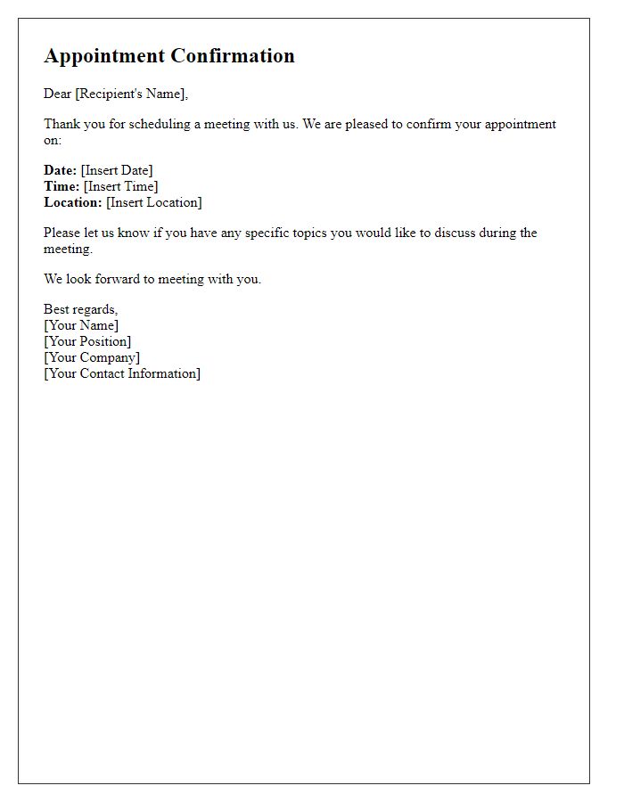 Letter template of appointment scheduling confirmation for a business meeting