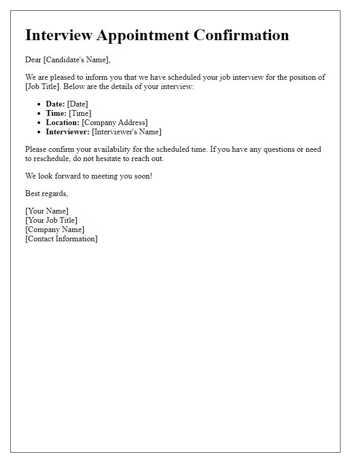 Letter template of appointment scheduling confirmation for a job interview