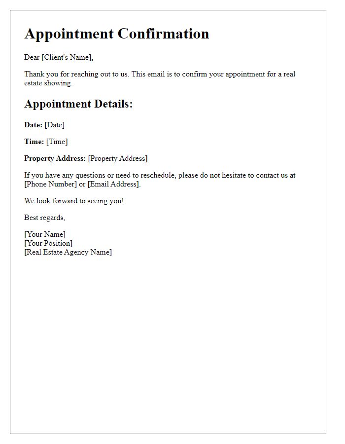 Letter template of appointment scheduling confirmation for a real estate showing