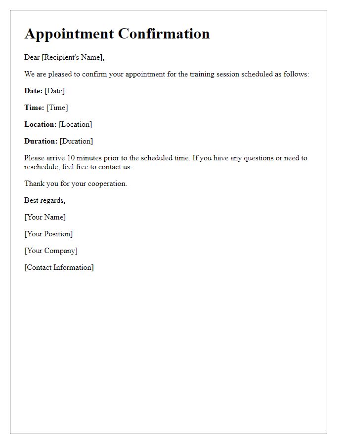 Letter template of appointment scheduling confirmation for a training session