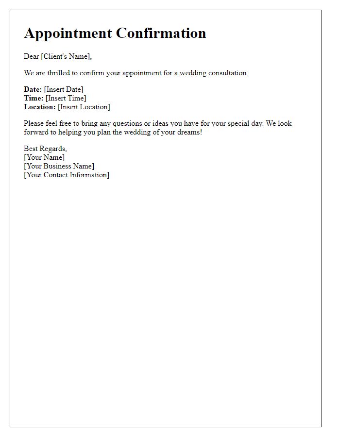 Letter template of appointment scheduling confirmation for a wedding consultation