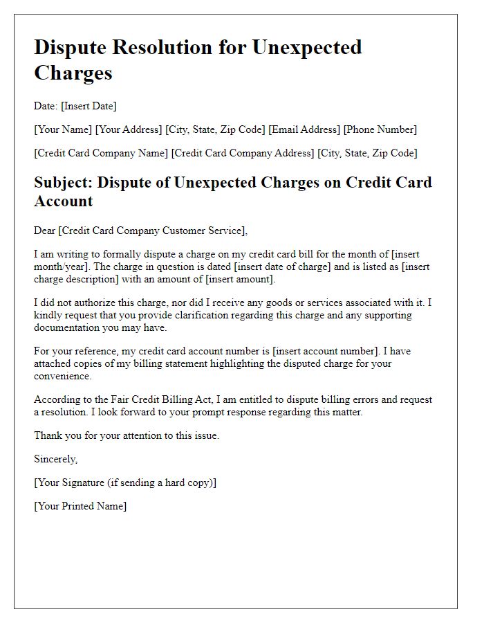 Letter template of unexpected charges dispute resolution for credit card billing errors