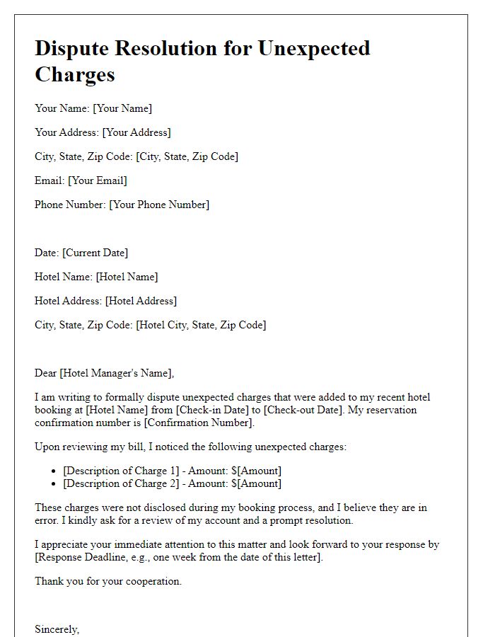 Letter template of unexpected charges dispute resolution for hotel booking errors