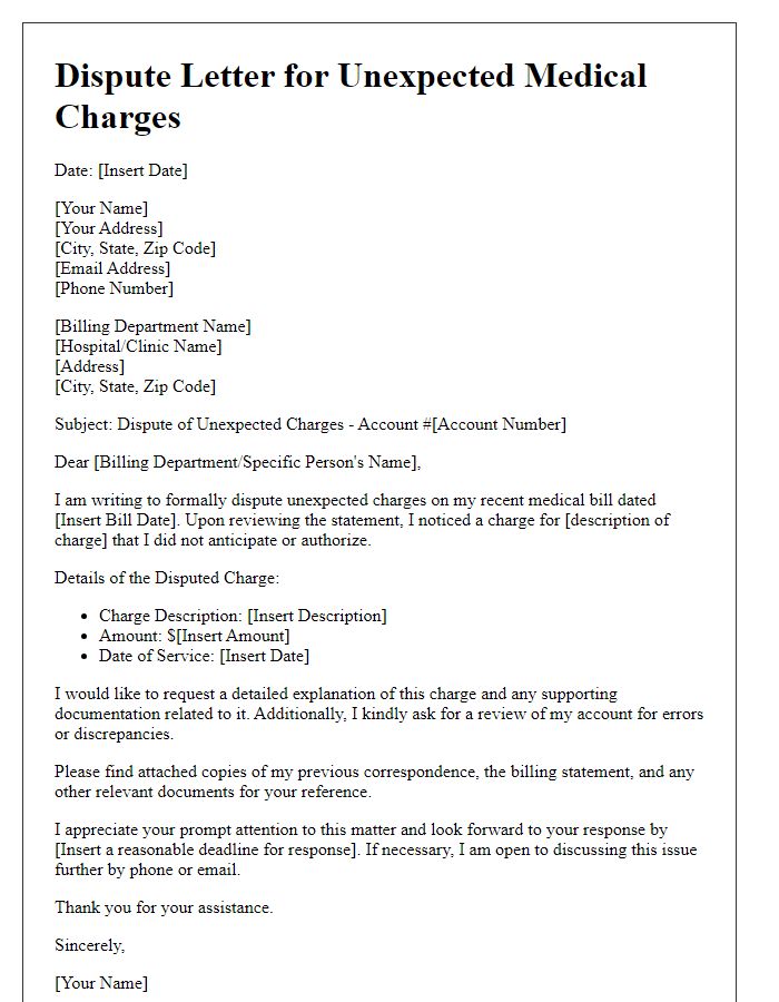 Letter template of unexpected charges dispute resolution for medical billing issues