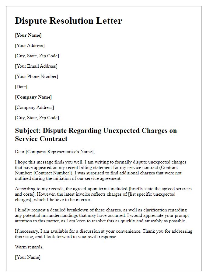 Letter template of unexpected charges dispute resolution for service contract misunderstandings