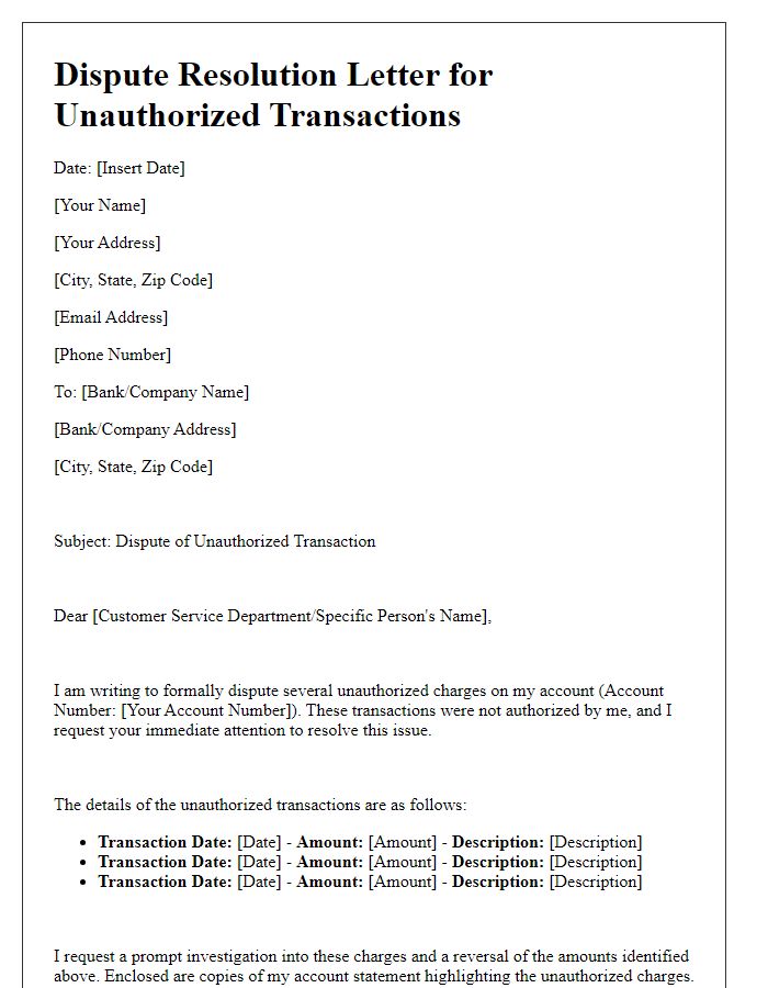 Letter template of unexpected charges dispute resolution for unauthorized transactions