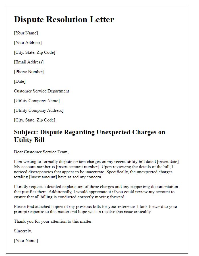 Letter template of unexpected charges dispute resolution for utility bill discrepancies