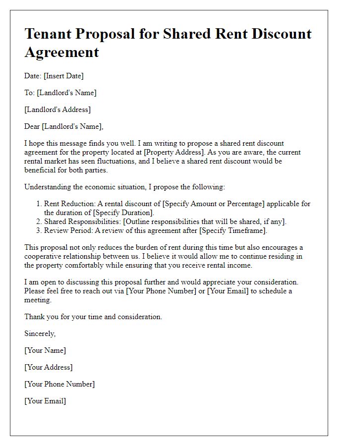 Letter template of tenant proposal for shared rent discount agreement.