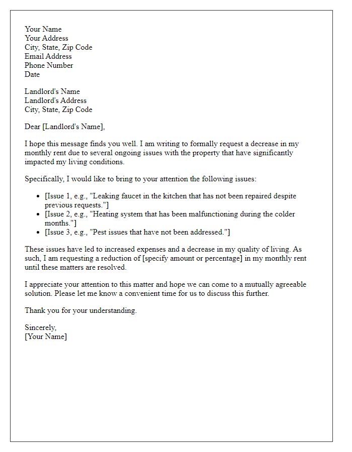 Letter template of tenant request for decreased rent due to property issues.