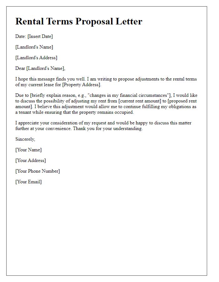 Letter template of tenant submission for adjusted rental terms proposal.