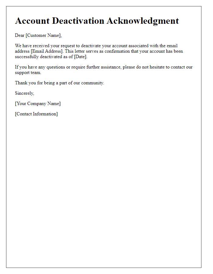 Letter template of Account Deactivation Acknowledgment Confirmation