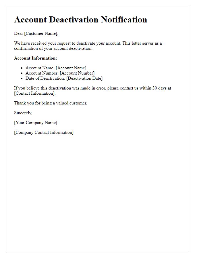 Letter template of Account Deactivation Notification Receipt