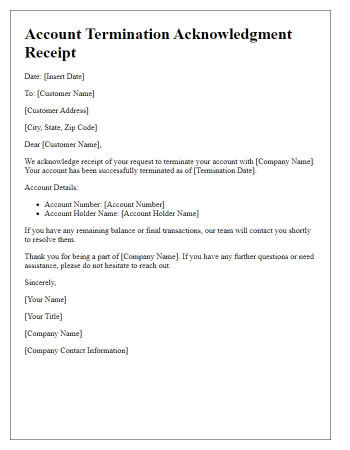 Letter template of Account Termination Acknowledgment Receipt