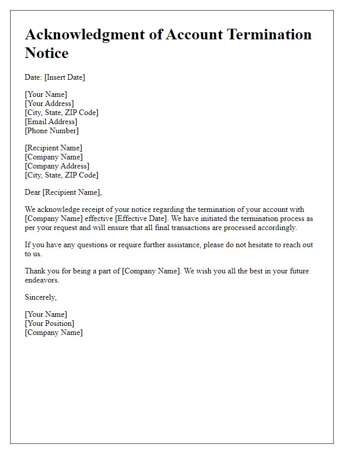 Letter template of Acknowledgment for Account Termination Notice