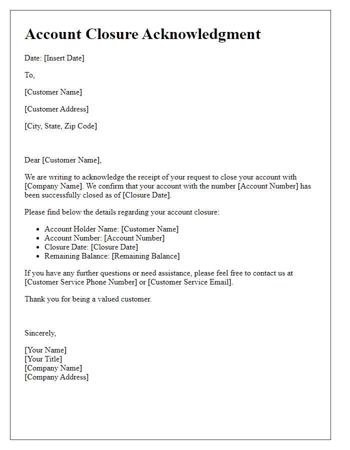 Letter template of Notification for Account Closure Acknowledgment