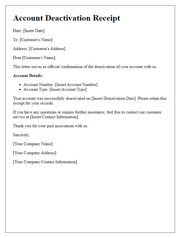 Letter template of Receipt for Account Deactivation Notice