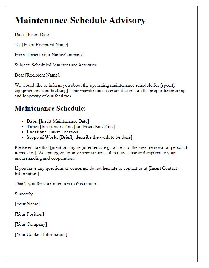 Letter template of Maintenance Schedule Advisory