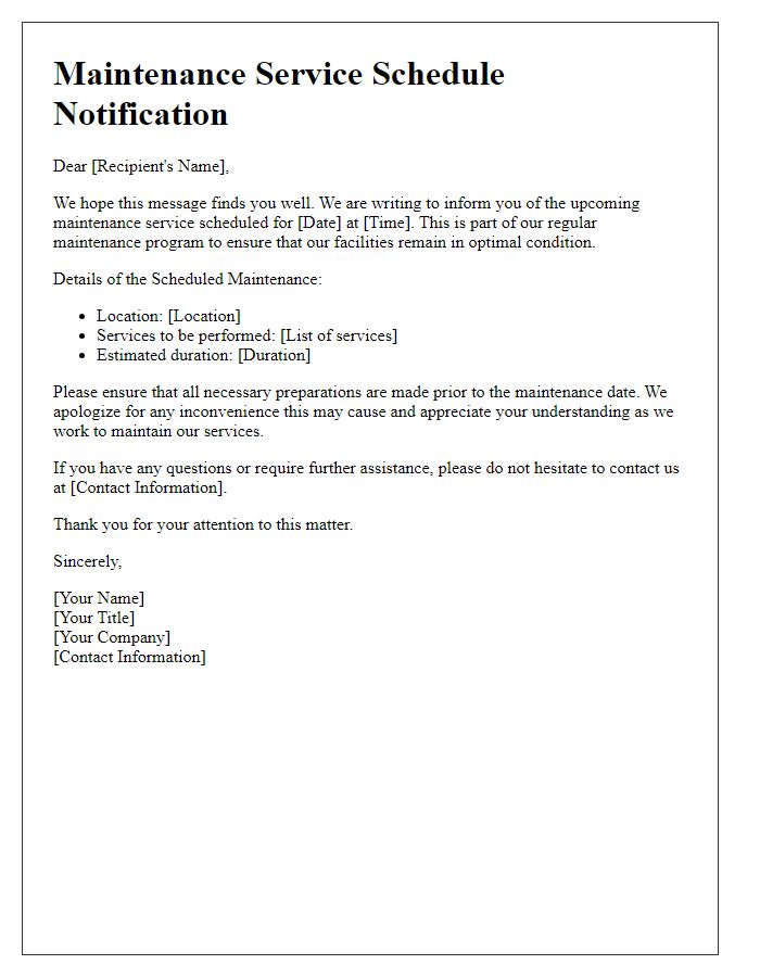 Letter template of Maintenance Service Schedule Communication