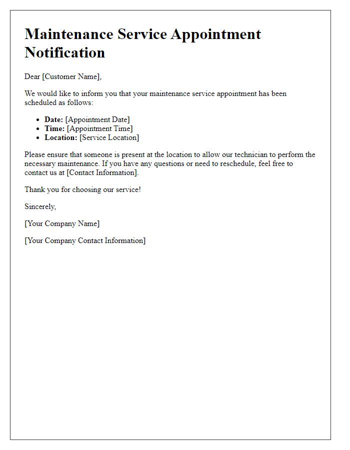 Letter template of Notification for Maintenance Service Appointment