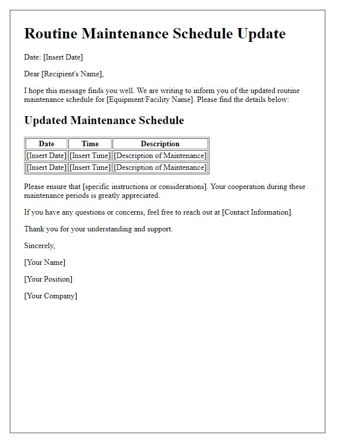 Letter template of Routine Maintenance Schedule Update