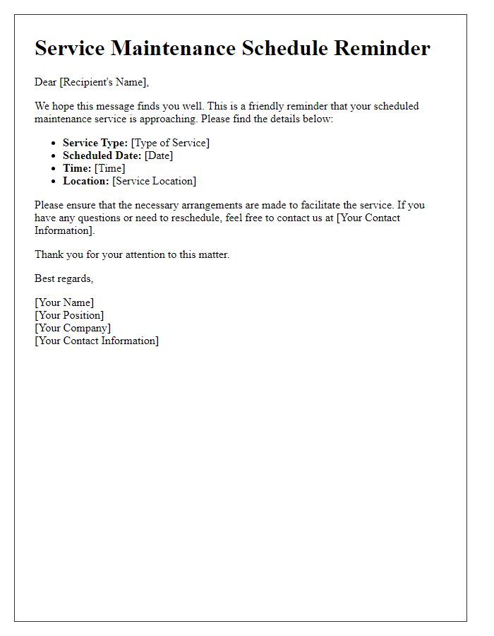 Letter template of Service Maintenance Schedule Reminder