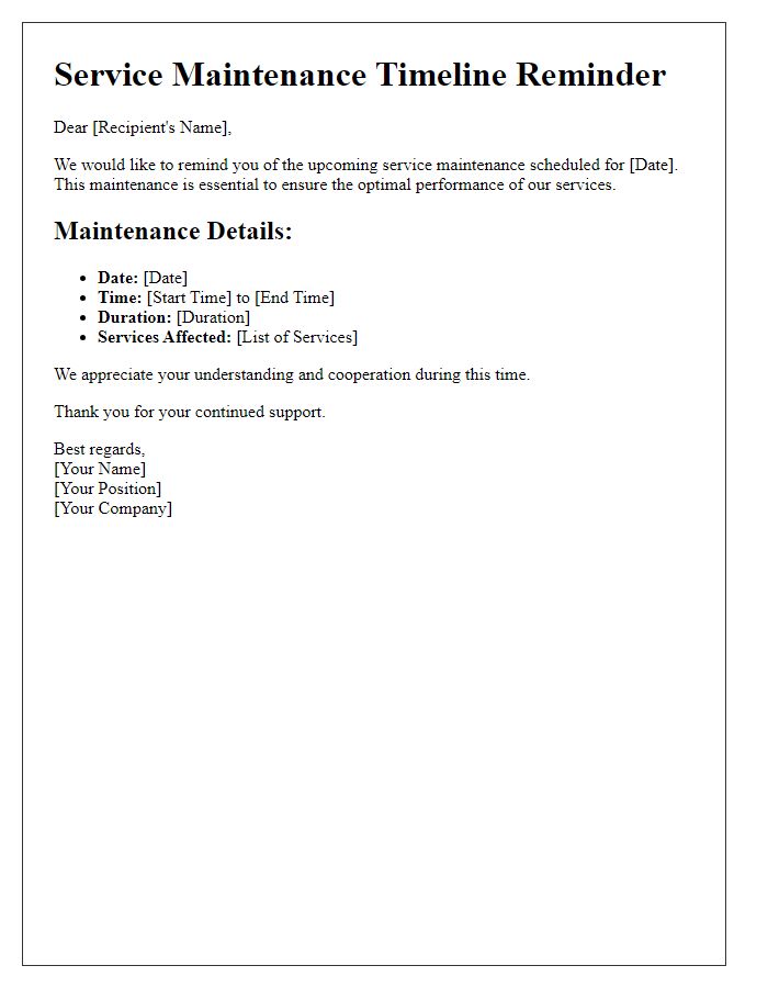 Letter template of Service Maintenance Timeline Reminder