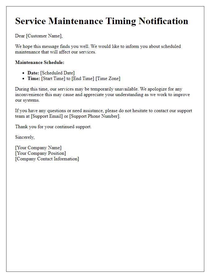 Letter template of Service Maintenance Timing Notification